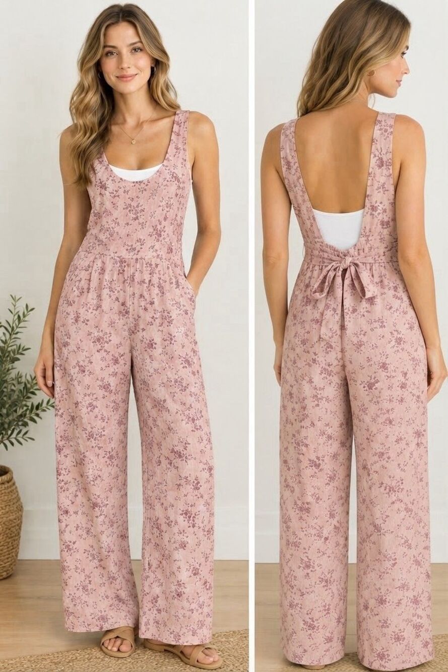 Storia Floral Tie Open Back Jumpsuit Size S Pink Wide Leg Cotton Boho Romantic